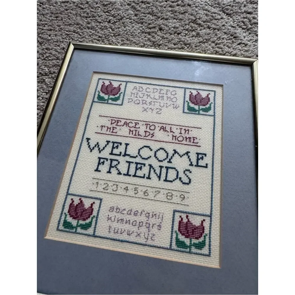 Vintage Framed Welcome Friends Cross Stitch Wall Art Sampler The Hilds Home